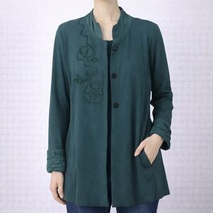 Chic Teal Women's Blazer with Floral Embroidery